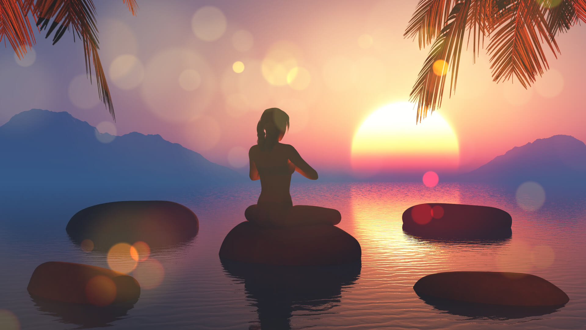 3d render female yoga pose against sunset sky Le coaching virtuel